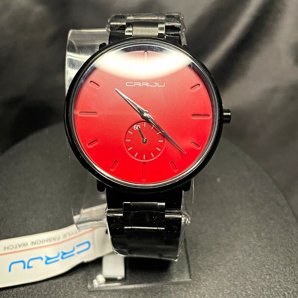 CRRJU Unisex Quartz Watch Red Dial SS Black Case Metal Bracelet 43mm 2150
